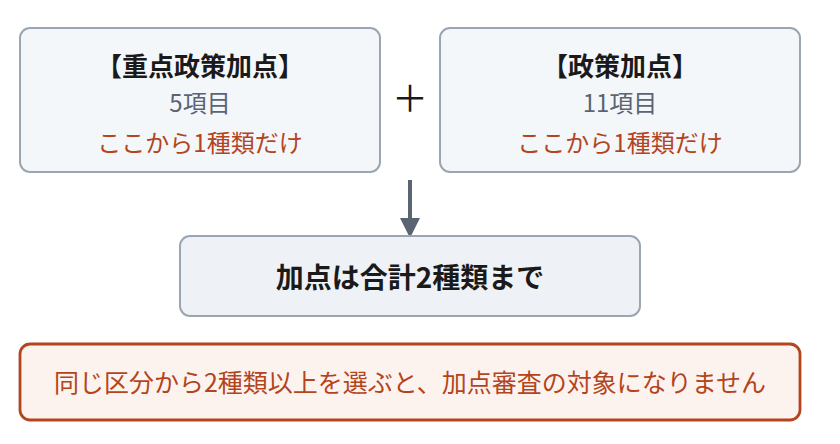 加点は重点政策加点から1種類、政策加点から1種類の合計2種類まで選べ、同じ区分から2種類以上を選ぶと加点審査の対象にならないことを示した図
